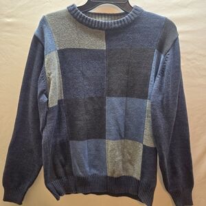 Oscar de la Renta Blue and Gray Block Crewneck Sweater